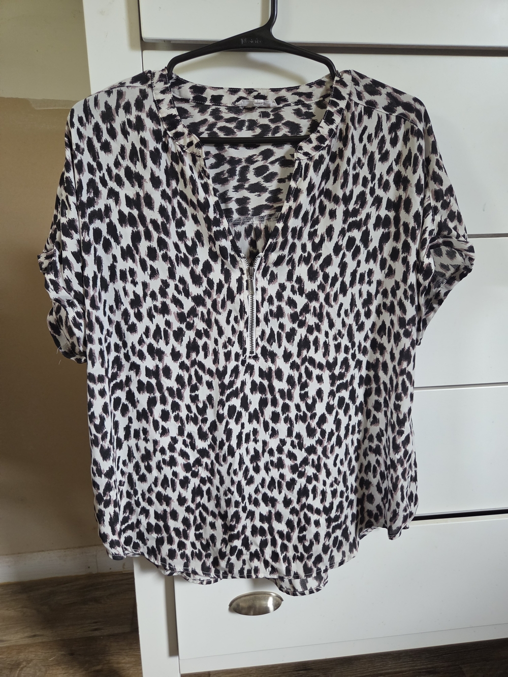 Maurices Black & White Leopard-Print Zip Front Blouse